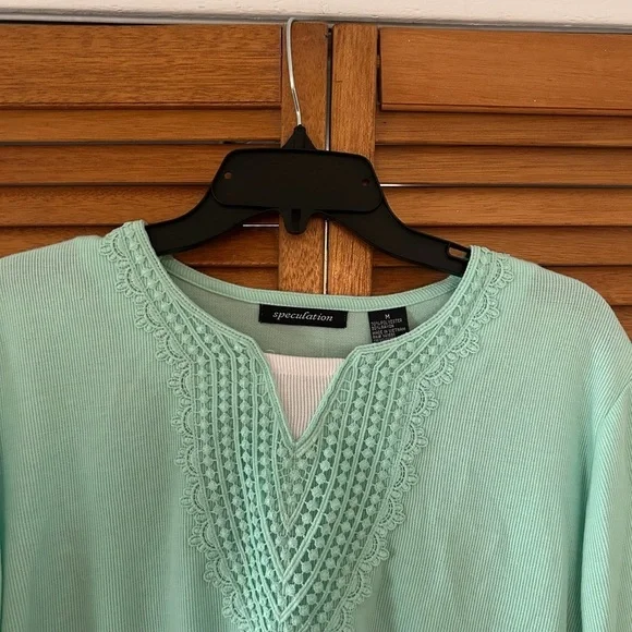 Speculation Women’s Turquoise Laced 3/4 Quarter Sleeve Blouse Sz M - Picture 2 of 6